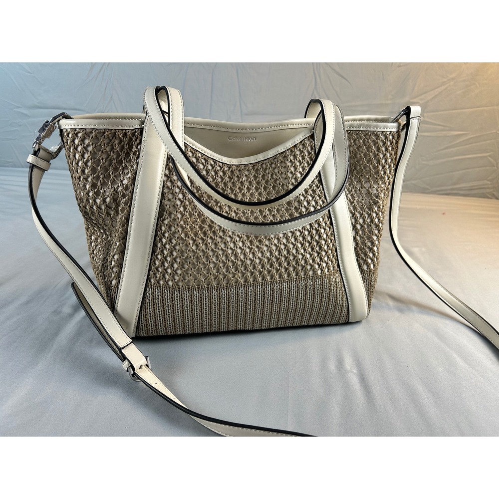 Calvin Klein Woven‎ Mesh Tote Bag Cream Faux Leather Trim Crossbody Handbag